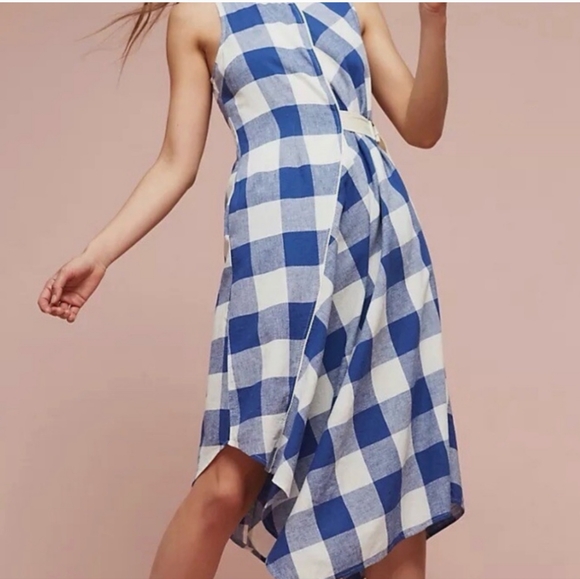 Anthropologie Maeve Belted  Gingham check Cotton Linen Asymmetrical Dress Lg EUC - Picture 2 of 12